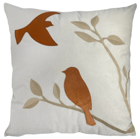 Capa Almofada 53x53cm Veludo Bordado Pássaros TERRACOTA