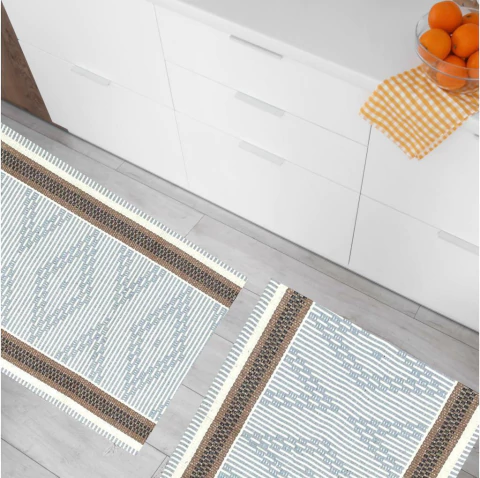 Kit Jogo Tapetes Tear Algodão Lava a Maquina (03ud) Passadeira Maragogi Cinza Faixa Bege