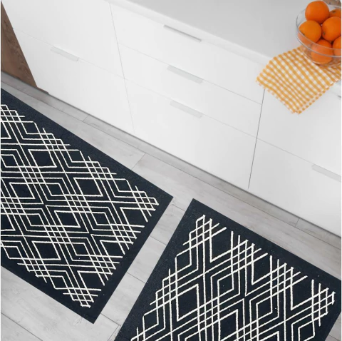 Tapete Kit (03ud) Passadeira Algodão Geometrico Monza Preto c Borda