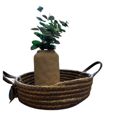 Cesto Bandeja Redondo Decorativo de Palha Fibra Natural Seagrass Rústico Feito a Mão Artesanal 35cmx10cm altura
