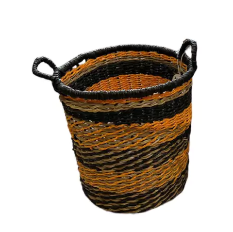 Cesto Redondo Decorativo de Palha Fibra Natural Seagrass Rústico Feito a Mão laranja e preto 26,5x25cm
