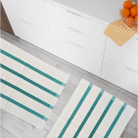 Kit Passadeira Jogo Tapetes Tear Algodão Lava a Maquina Campinas Cru e Verde Agua