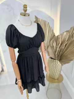 Vestido Chiffon Drapeado - Preto - bybnstore