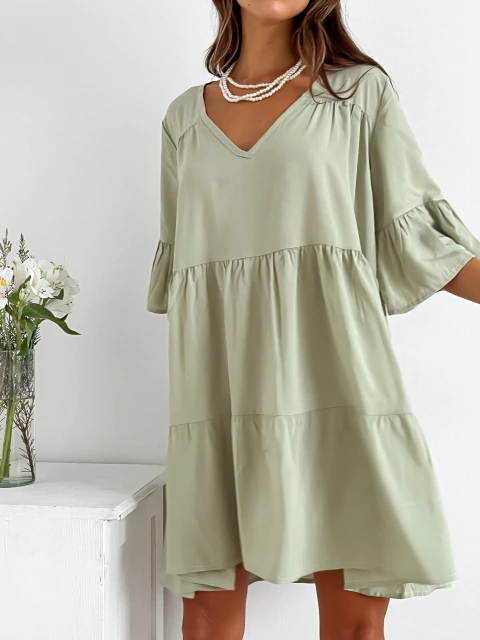 Vestido fibrana escote V con frunces y manga con volados Afrodita - comprar online