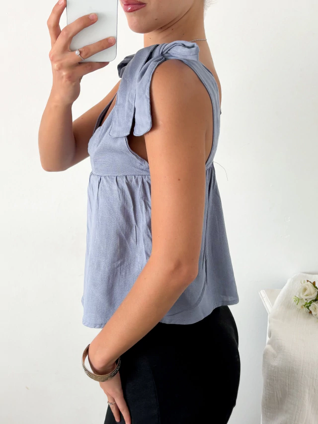 Blusa lino spandex escote marilyn bretel para anudar y frunce bajo busto Caviar — imagen 3