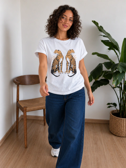 Remera amplia manga rebatible Dos leopardos