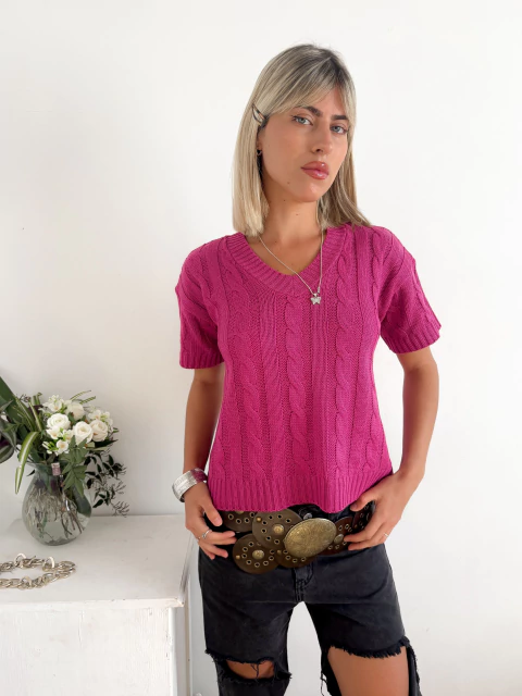 Top tejido manga corta frente trenzado escote en V Harding - comprar online