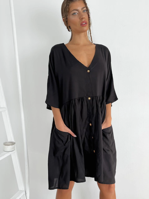 Vestido amplio fibrana escote V con frunce abotonado y bolsillos Rodas - comprar online