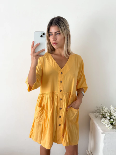 Vestido amplio fibrana escote V con frunce abotonado y bolsillos Rodas