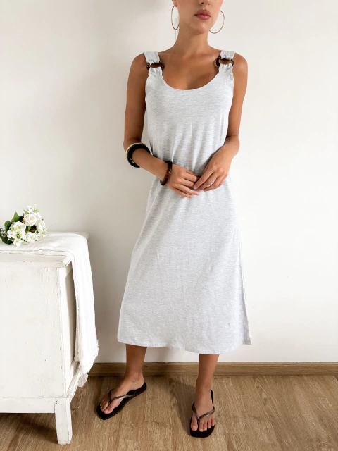 Vestido algodón amplio midi con argollas de coco en breteles Scogliera - comprar online