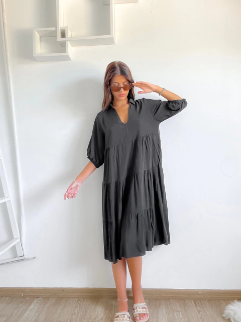 Vestido fibrana escote v cuello camisero Solomun - comprar online