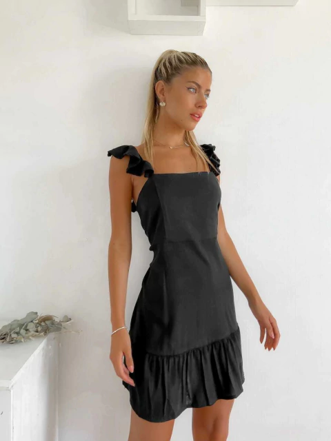 Vestido lino spandex con cierre atrás, escote cuadrado recorte en cintura y volados Floripa - comprar online