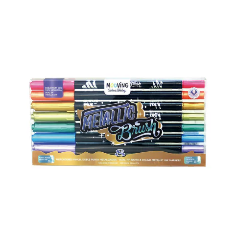 MARCADORES MOOVING METALIZADA DOBLE PUNTA AL AGUA X 8