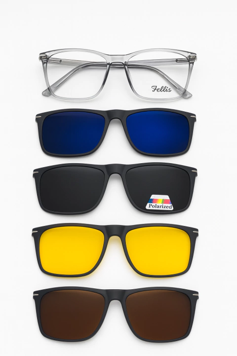 Anteojo Clip on para Hombre 1206 Armazón Gris con 5 Clips Intercambiables Polarizado Gris - Amarillo - Sepia - Espejado Blanco - Espejado Azul