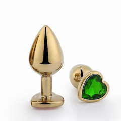 Plug Anal de Coração em Aço - Dourado - Tamanho M - Pedra Verde