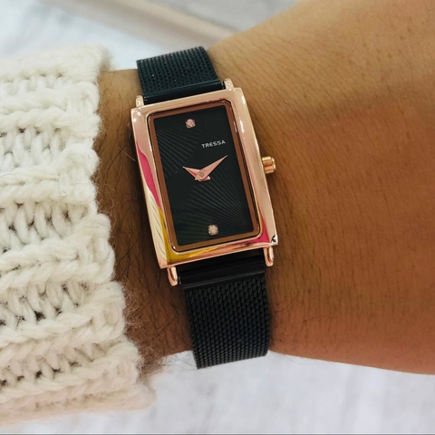 Reloj Tressa Doly TR-178 Malla Tejida Negro Caja Rosé - comprar online