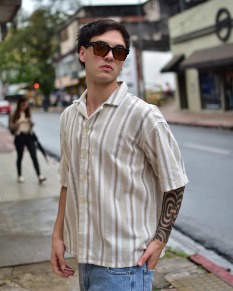 CAMISA LINO M/C RAYA EZUR BEIGE - comprar online