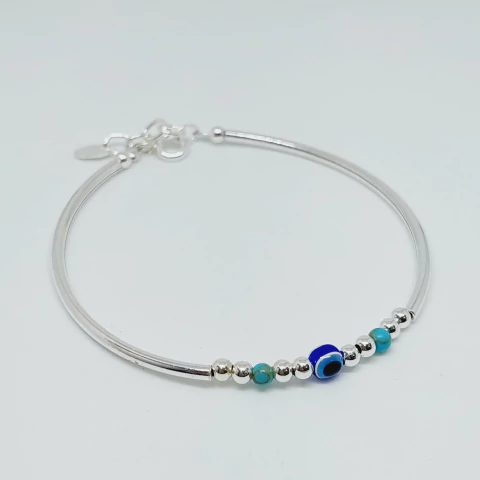 Pulsera Bolitas y Tubitos con Dije Ojito Griego plata 925