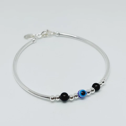 Pulsera con Ojito Griego y Bolitas Negras plata 925