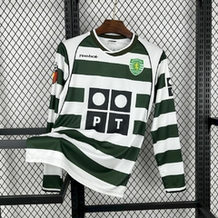 camisa-titular-do-sporting-reebok-retrô-2002-2003-home-1-casa-primeira-branca-verde-manga-longa-patrociníos-patrocinadores-uniforme-antiga-contemporânea-reliquía-velha-rara-colecionadores-profissional-torcedor-torcedores-elastano-futebol-frete-grátis-envi