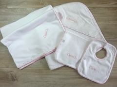 Set toallón + babero + babita + manta "Ositos" rosa