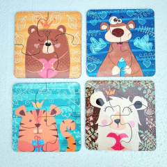 4 ROMPECABEZAS de 4 PIEZAS con cartuchera (animales coronitas) - tienda online