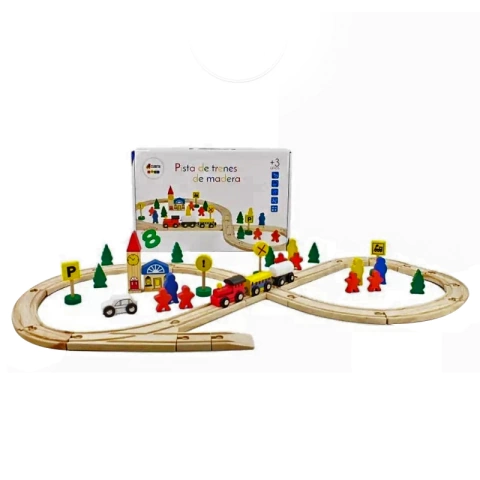 PISTA DE MADERA con trenes imantados (48 Piezas)