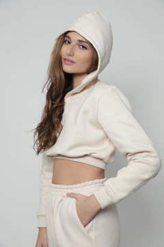 Cropped Moletom Capuz - Bege Avelã - Mia Brand