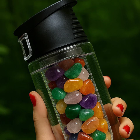 Garrafa squezee com infusor de pedras naturais roladas na internet