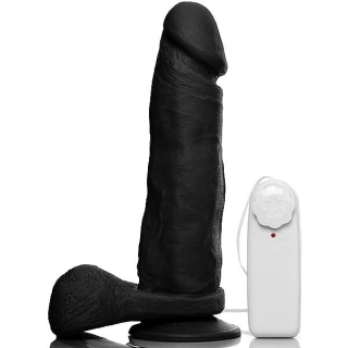 Prótese Em Formato de Pênis Realístico com Escroto, Ventosa e Vibro 20x4,5cm na cor Preto ADAO38P