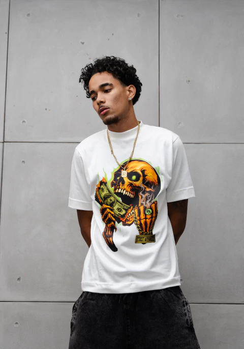 Camiseta Skull Money - Branca - Oversized - comprar online