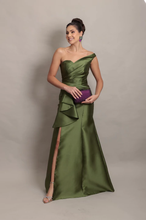 Vestido Longo em Zibeline Verde Oliva Mica - comprar online