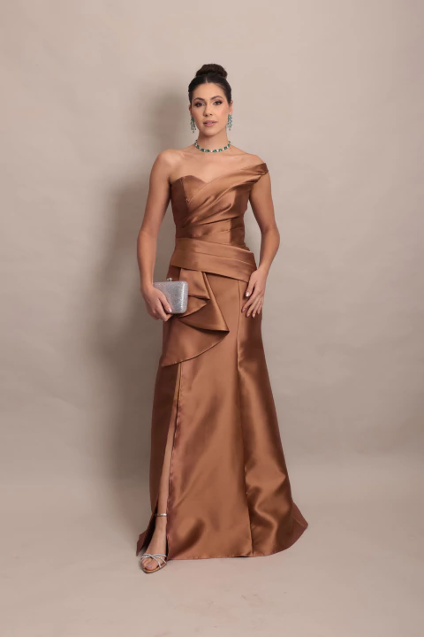 Vestido Longo em Zibeline Marrom/Mocha Mousse Mica - comprar online