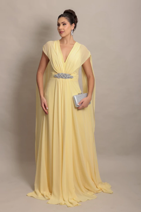 Vestido Longo com Capa e Bordado Amarelo Zara - comprar online