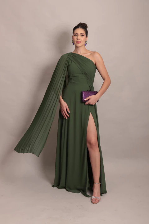 Vestido Longo um ombro só Capa Bella Verde Oliva - comprar online