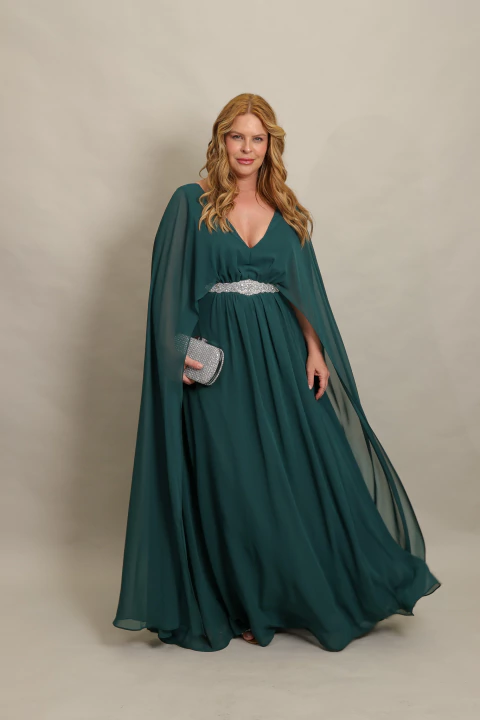 Vestido de Festa com manga capa Isadora Verde Esmeralda - comprar online