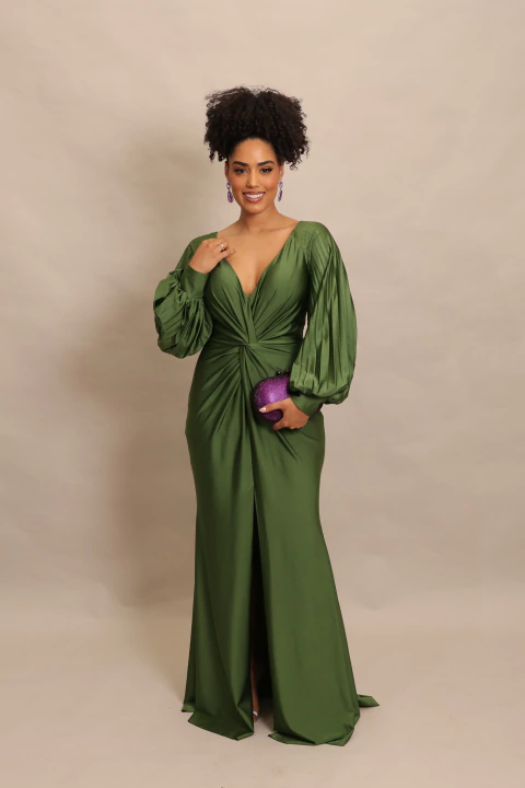 Vestido com Mangas Longas Verde Oliva Iva - comprar online