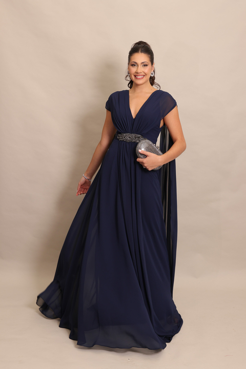 Vestido Longo com Capa e Bordado Azul Marinho Zara - comprar online