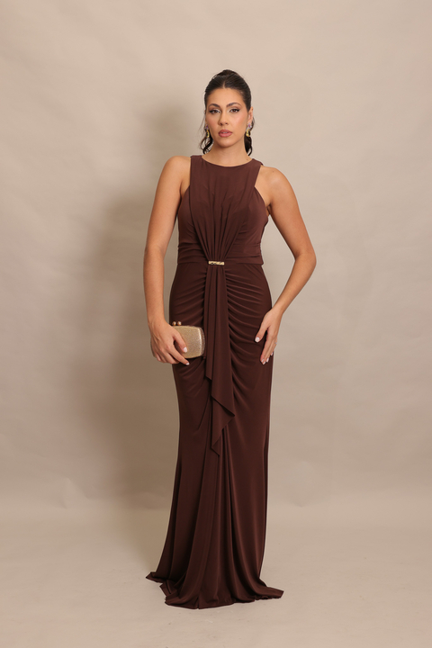 Vestido Longo Marrom/Mocha Mousse Morgana - comprar online