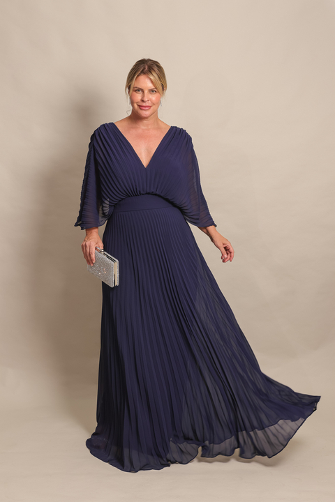 Vestido Longo Plissado Adriana Azul Marinho - comprar online
