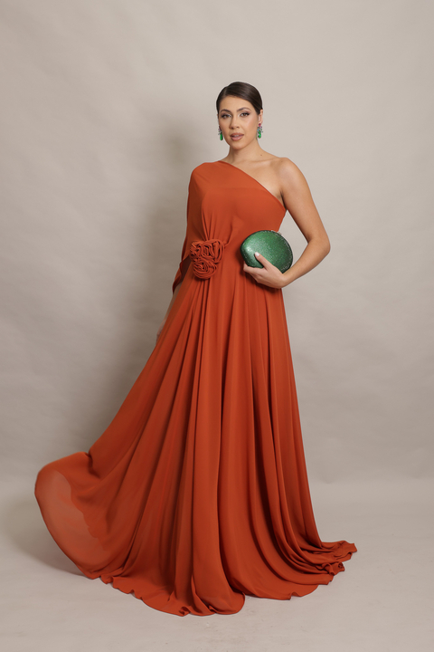 Vestido Longo um ombro só com capa Terracota Carol - comprar online