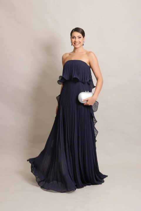 Vestido Longo Plissado Tomara que Caia Azul Marinho Luma - comprar online