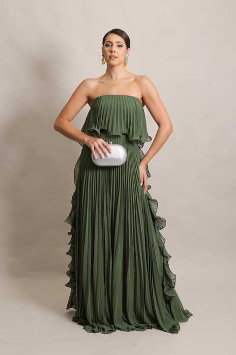 Vestido Longo Plissado Tomara que Caia Verde Oliva Luma - comprar online