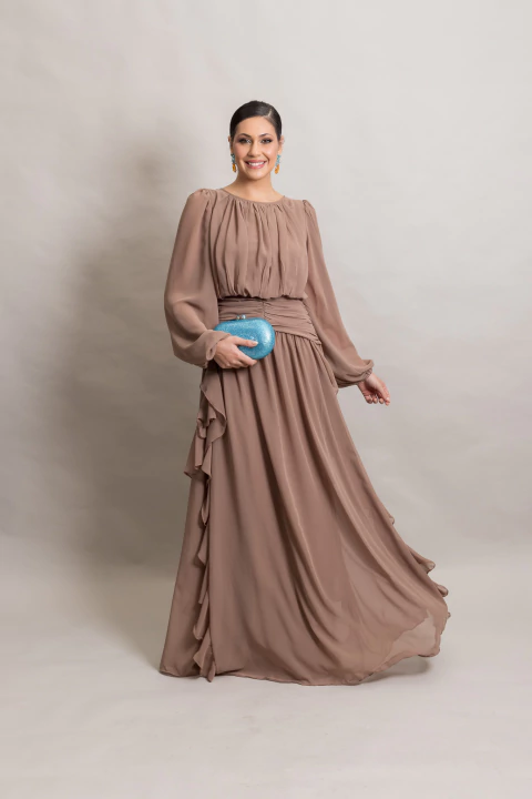 Vestido Longo Com Mangas Longas Marrom/Mocha Mousse Malu - comprar online