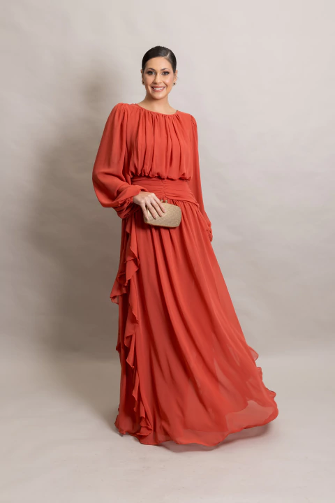 Vestido Longo Com Mangas Longas Terracota Malu - comprar online