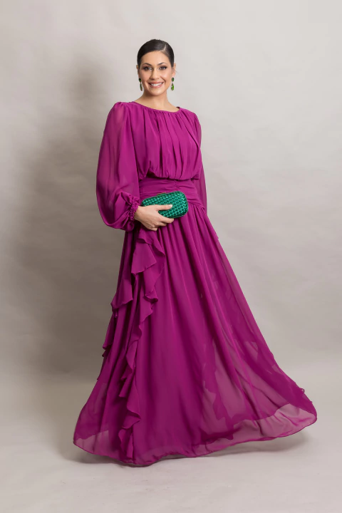 Vestido Longo Com Mangas Longas Fúcsia Malu - comprar online