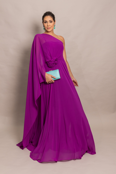 Vestido Longo um ombro só com capa Uva/Roxo Carol - comprar online