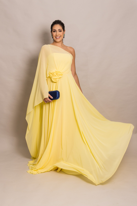 Vestido Longo um ombro só com capa Amarelo Carol - comprar online