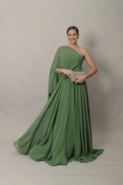 Vestido Longo um ombro só com capa Verde Oliva Carol - comprar online