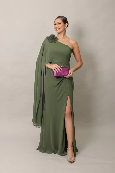 Vestido Longo Com Manga Capa Verde Pilar - comprar online